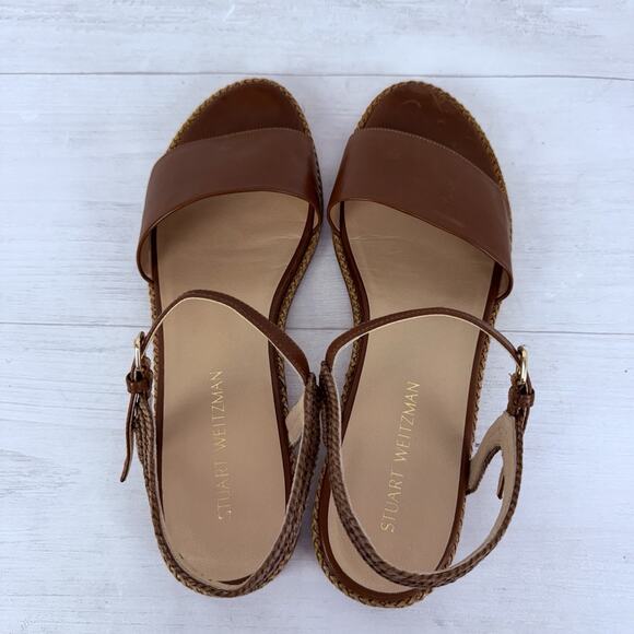 Stuart Weitzman Leather Sandals Size 11.5 Brown Twisted Ankle Strap Flat Classic - Picture 8 of 13